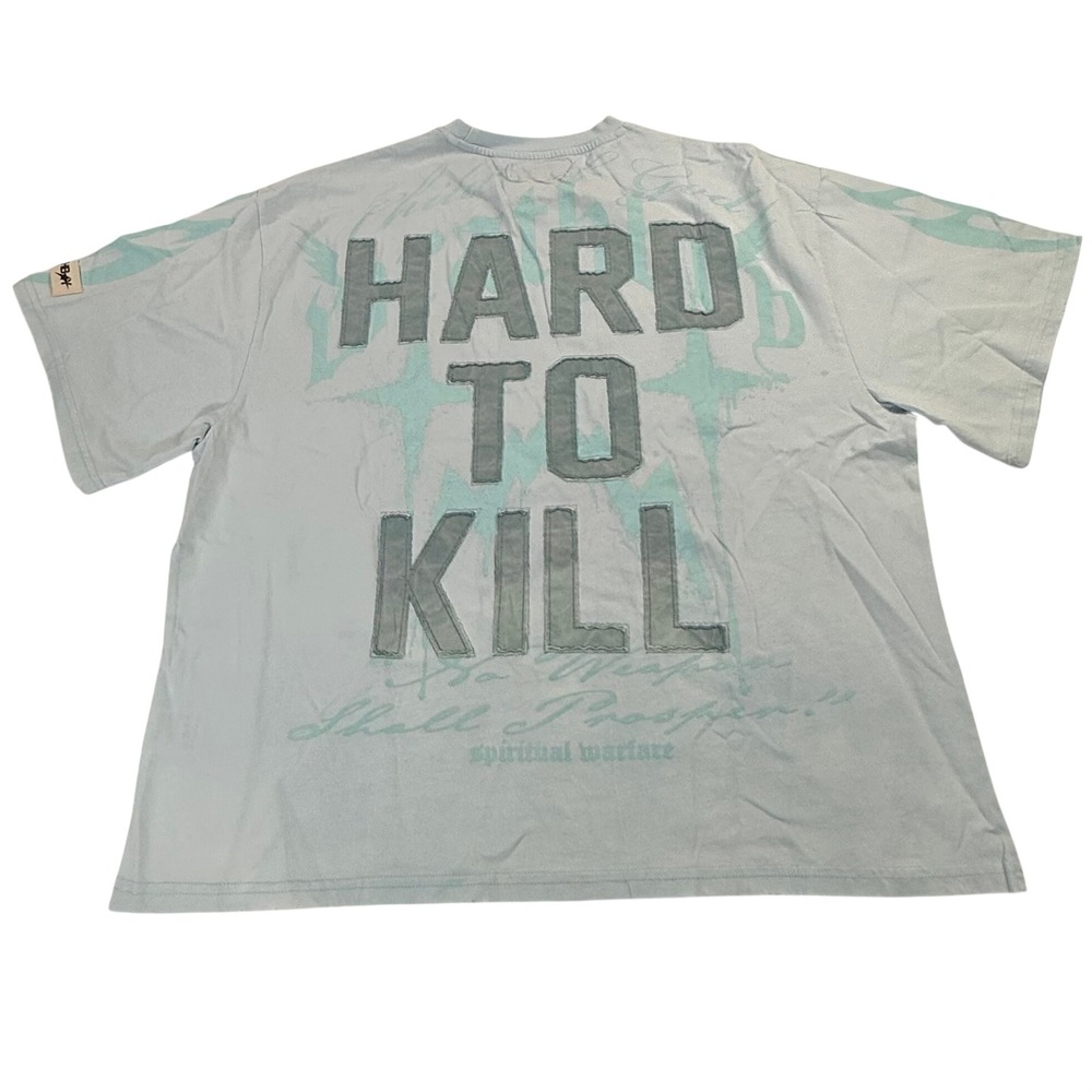 Wrathbay Spiritual Warfare Hard to Kill Graphic Tee Light Blue Size M Oversized